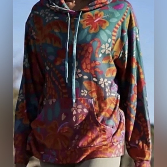Anthropologie Farm Rio Magda Colorful Floral & Animal Hoodie Sweatshirt (XS) - Picture 3 of 13